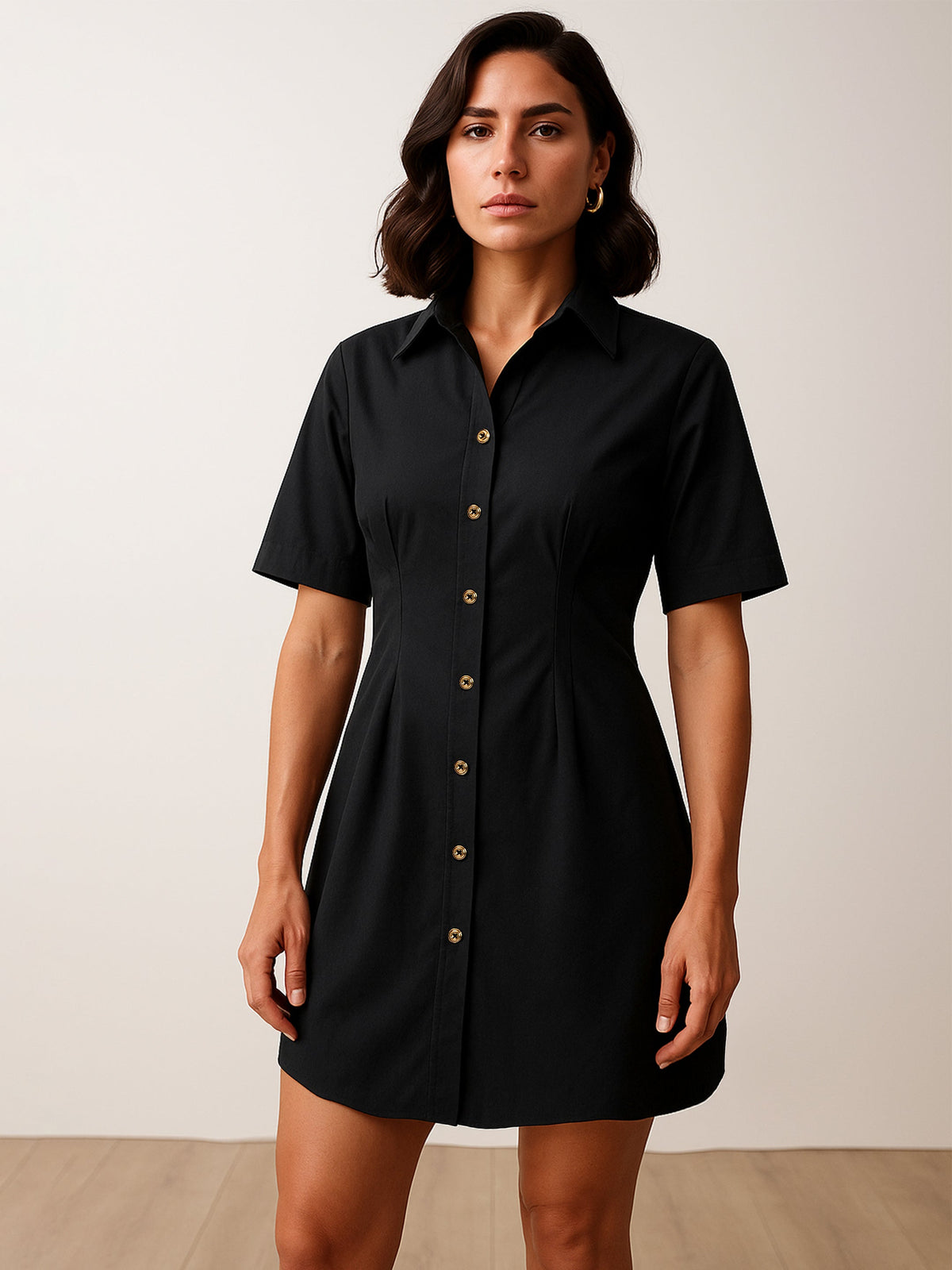 Women Black Smocked Pure Cotton Shirt Mini Dress-BADRSS12642