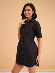 Women Black Smocked Pure Cotton Shirt Mini Dress-BADRSS12642