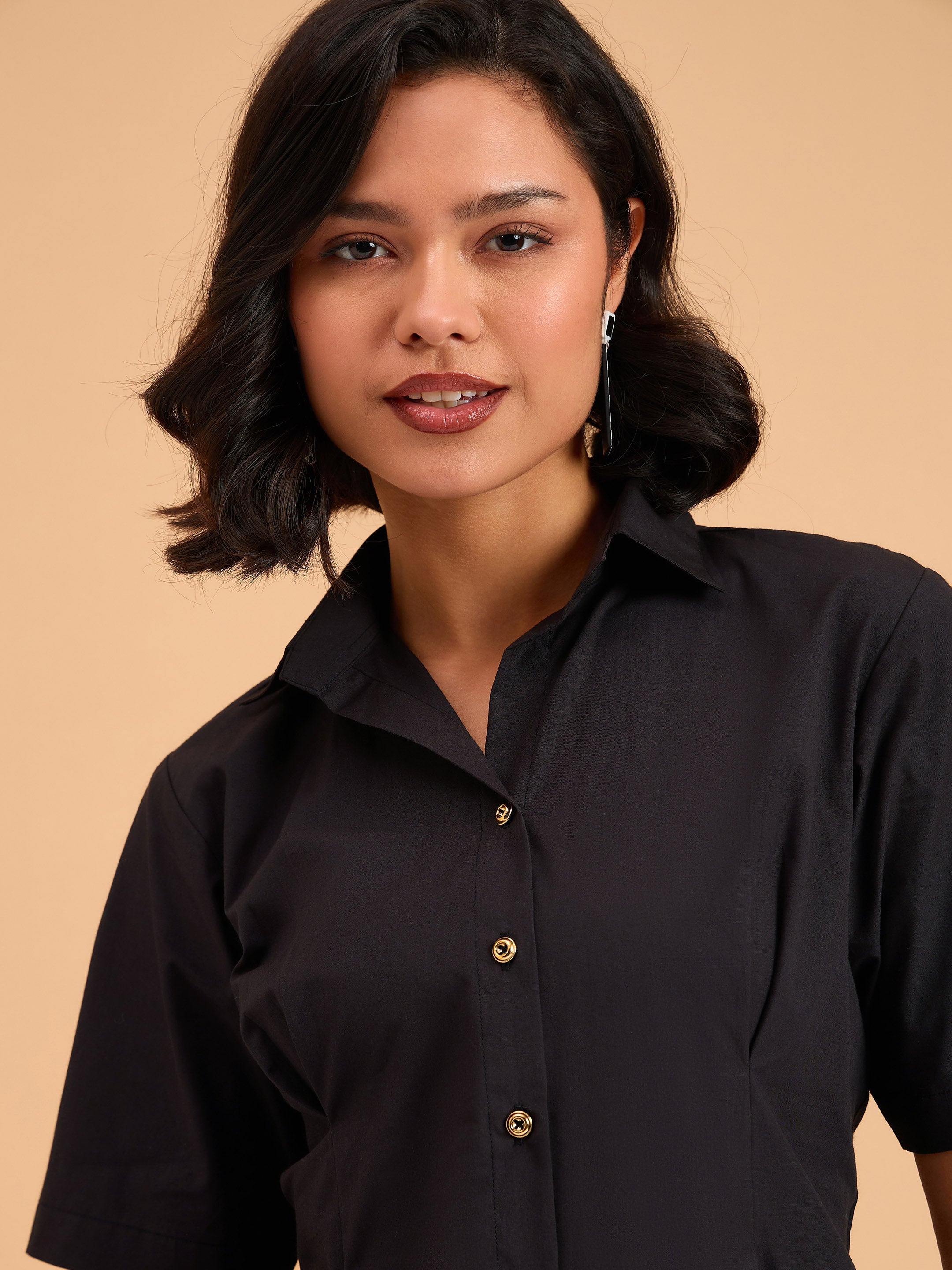 Women Black Smocked Pure Cotton Shirt Mini Dress-BADRSS12642
