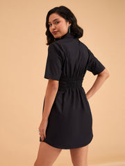 Women Black Smocked Pure Cotton Shirt Mini Dress-BADRSS12642