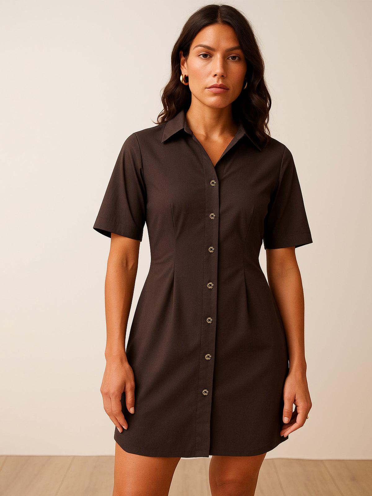 Women Brown Smocked Pure Cotton Shirt Mini Dress-BADRSS12643