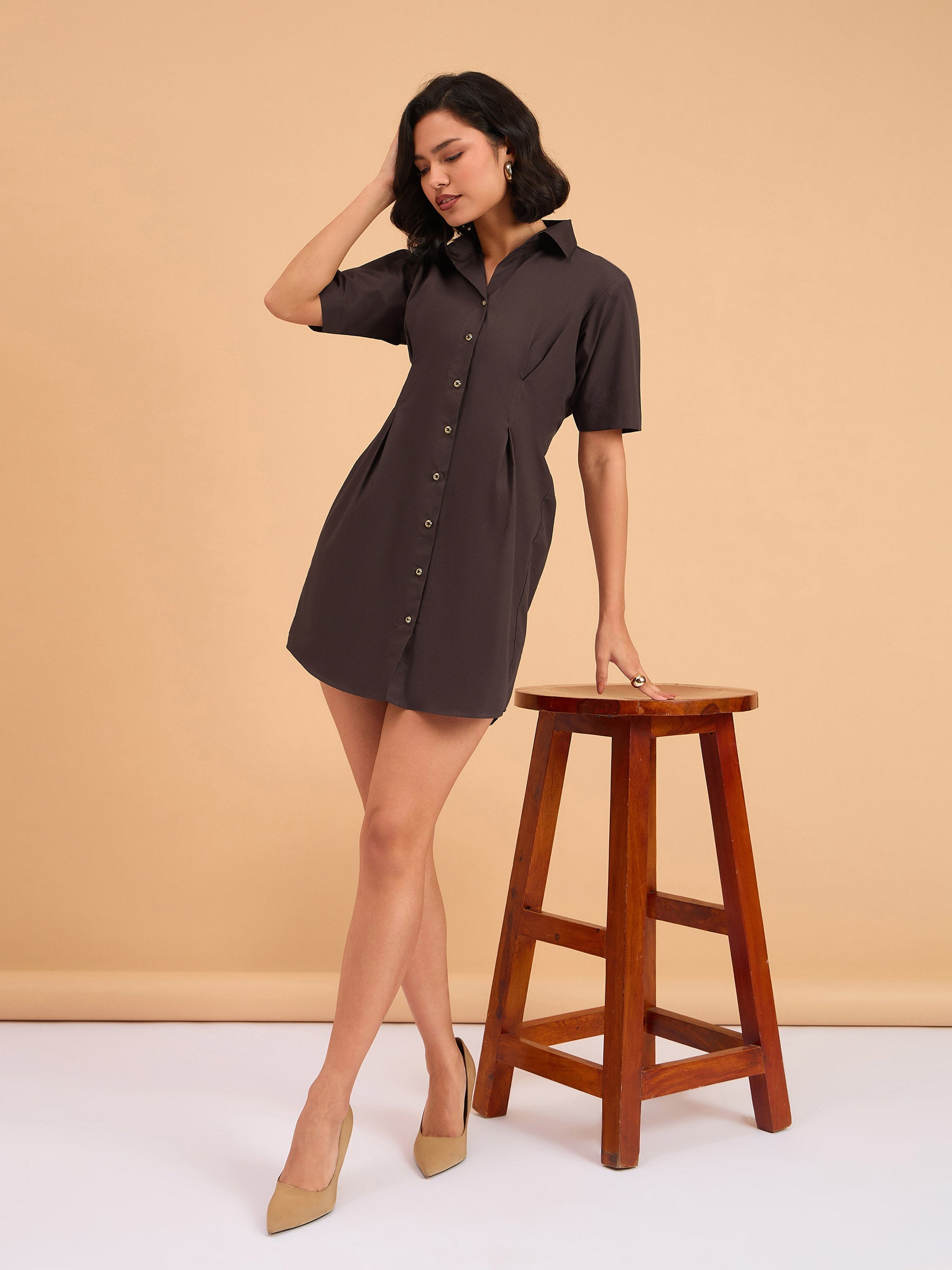 Women Brown Smocked Pure Cotton Shirt Mini Dress-BADRSS12643