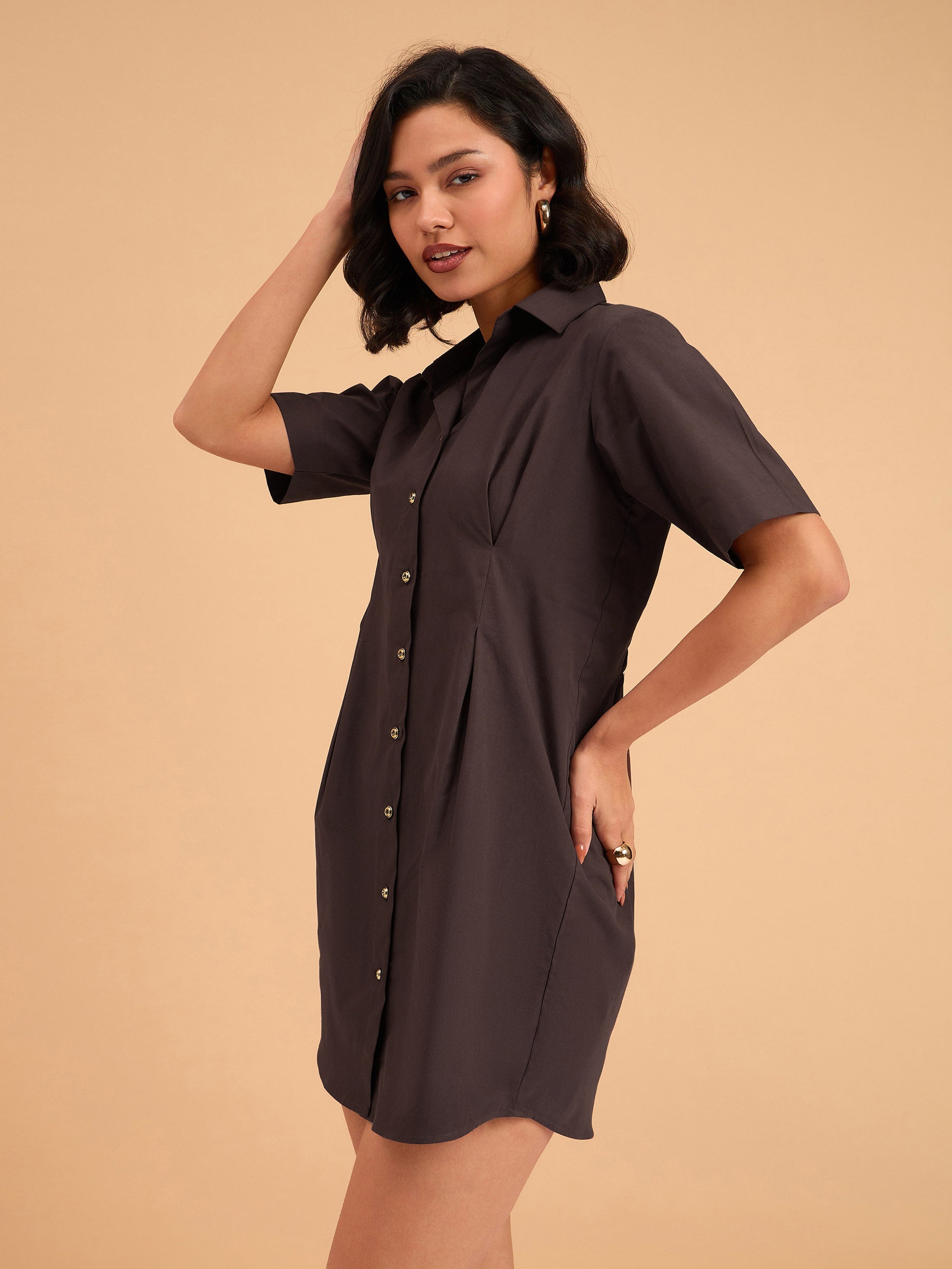 Women Brown Smocked Pure Cotton Shirt Mini Dress-BADRSS12643