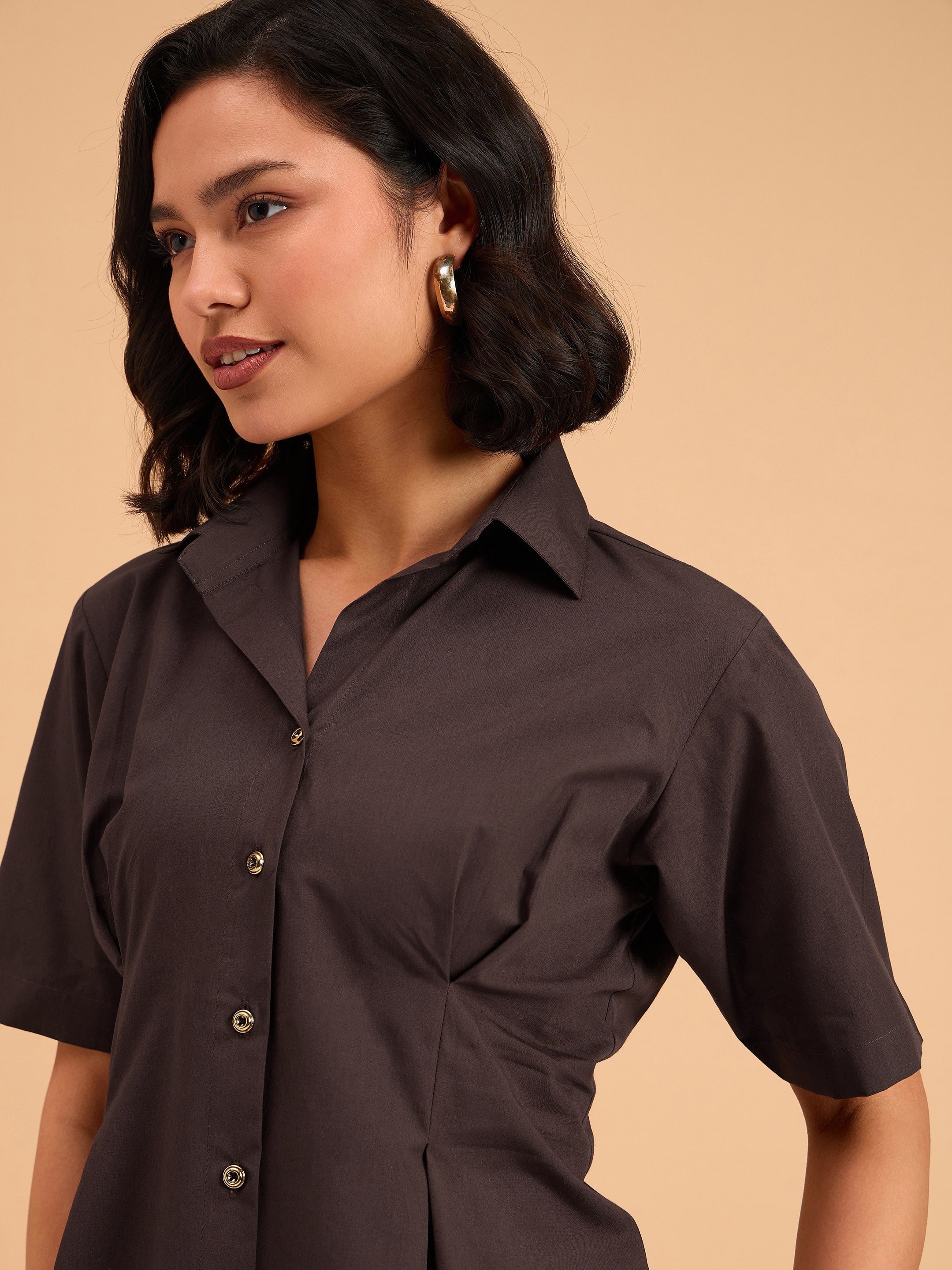 Women Brown Smocked Pure Cotton Shirt Mini Dress-BADRSS12643