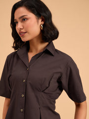 Women Brown Smocked Pure Cotton Shirt Mini Dress-BADRSS12643