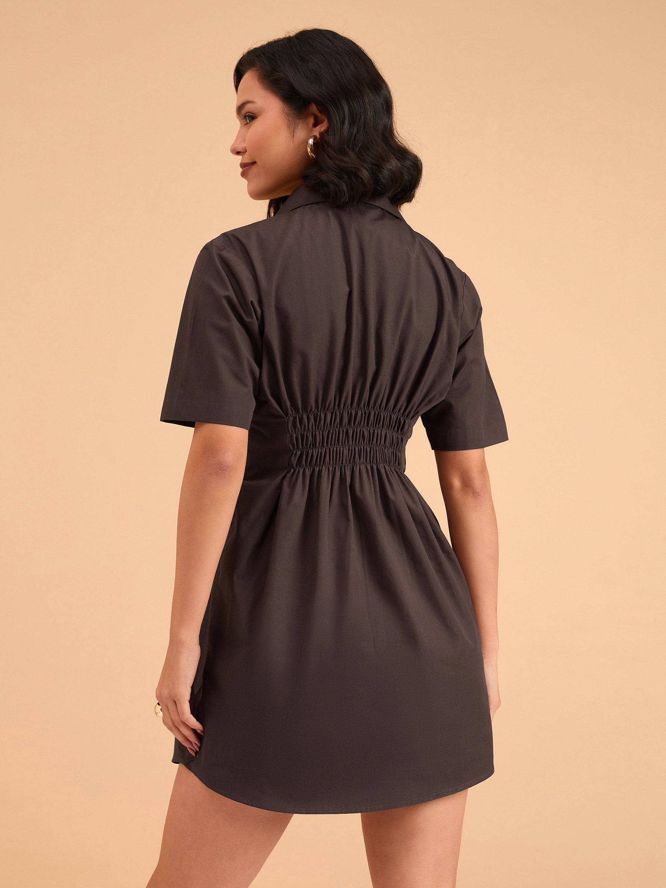 Women Brown Smocked Pure Cotton Shirt Mini Dress-BADRSS12643