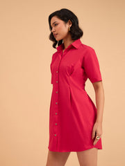 Women Red Smocked Pure Cotton Shirt Mini Dress-BADRSS12644