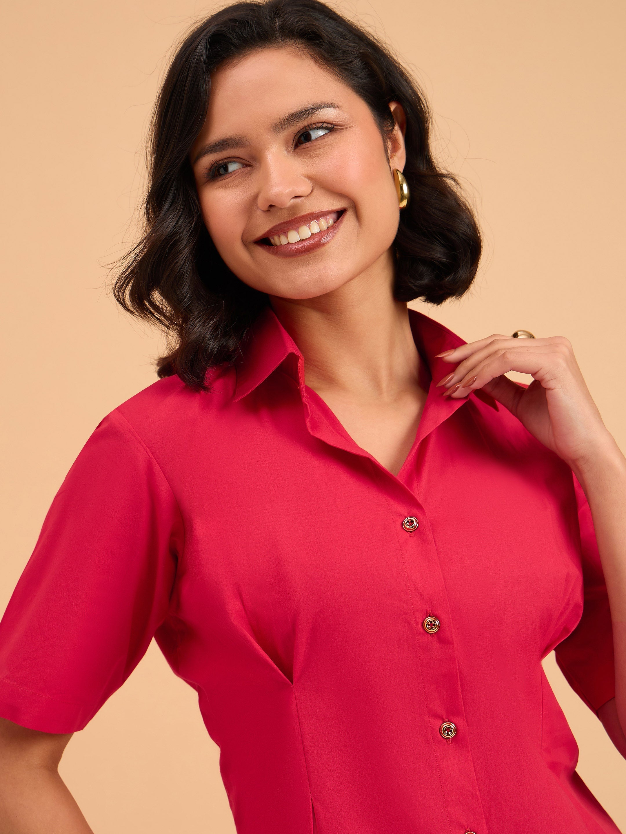 Women Red Smocked Pure Cotton Shirt Mini Dress-BADRSS12644