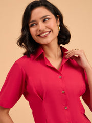 Women Red Smocked Pure Cotton Shirt Mini Dress-BADRSS12644