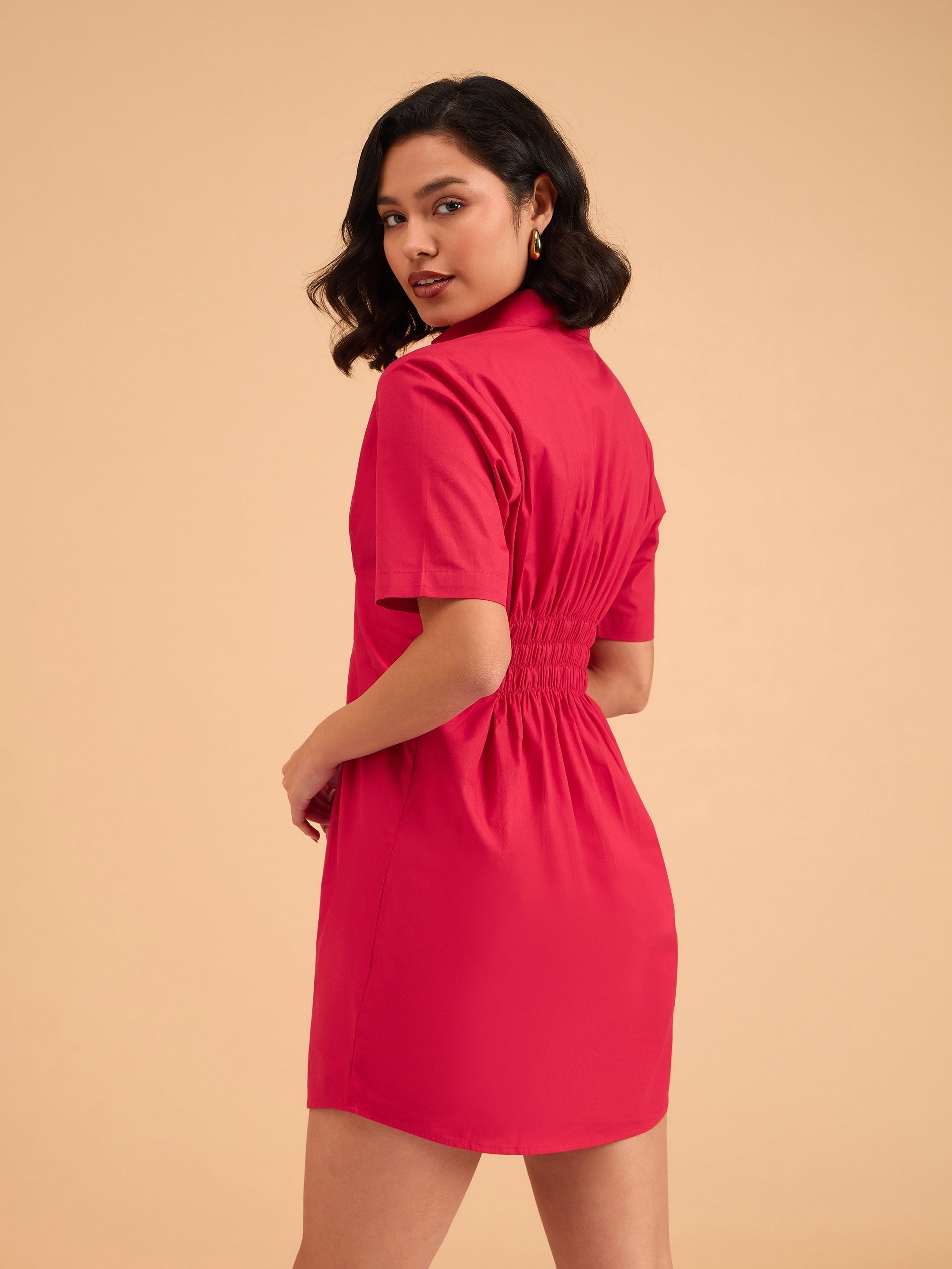 Women Red Smocked Pure Cotton Shirt Mini Dress-BADRSS12644