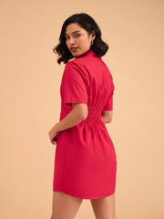 Women Red Smocked Pure Cotton Shirt Mini Dress-BADRSS12644