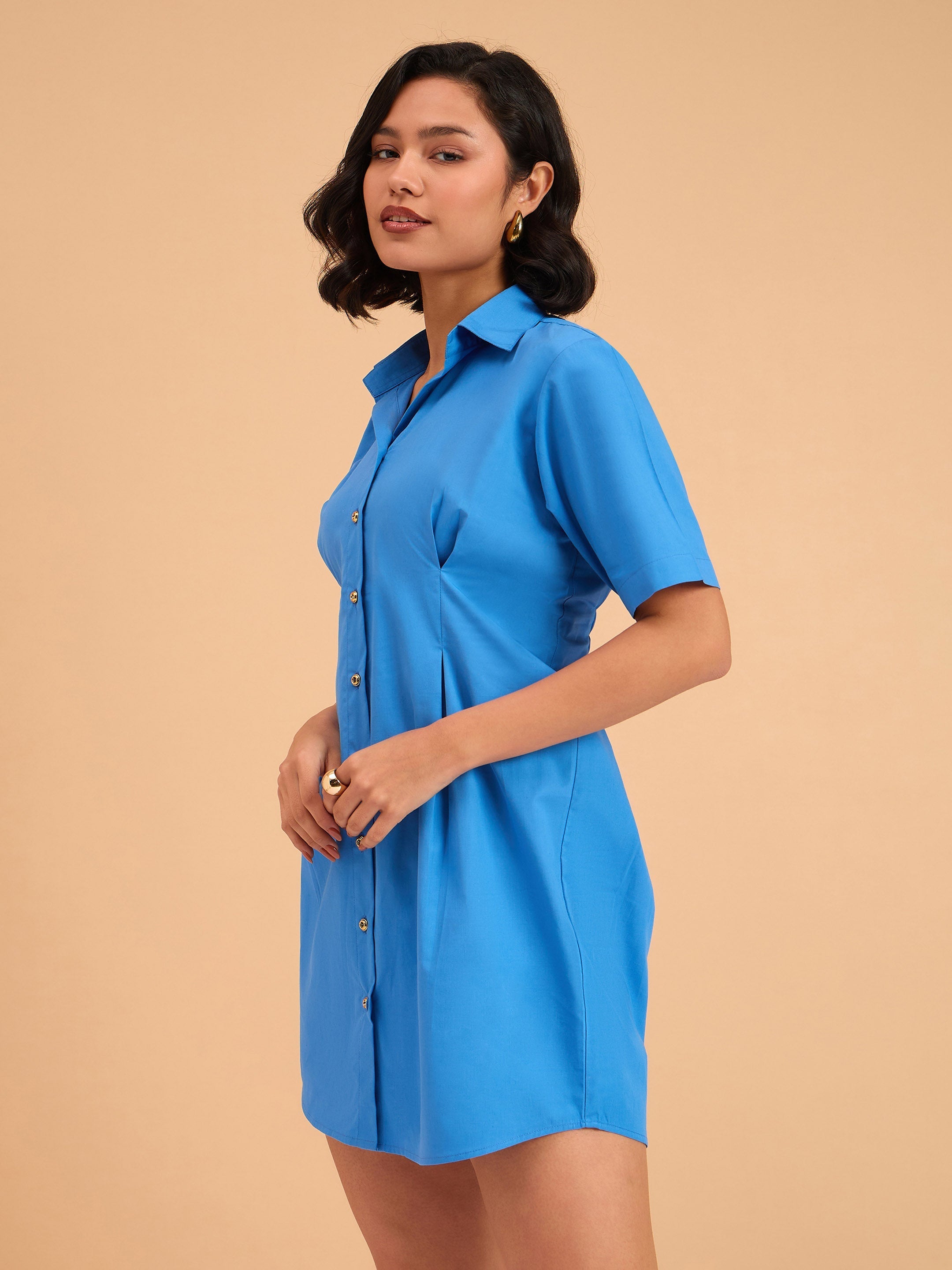 Women Royal Smocked Pure Cotton Shirt Mini Dress-BADRSS12645