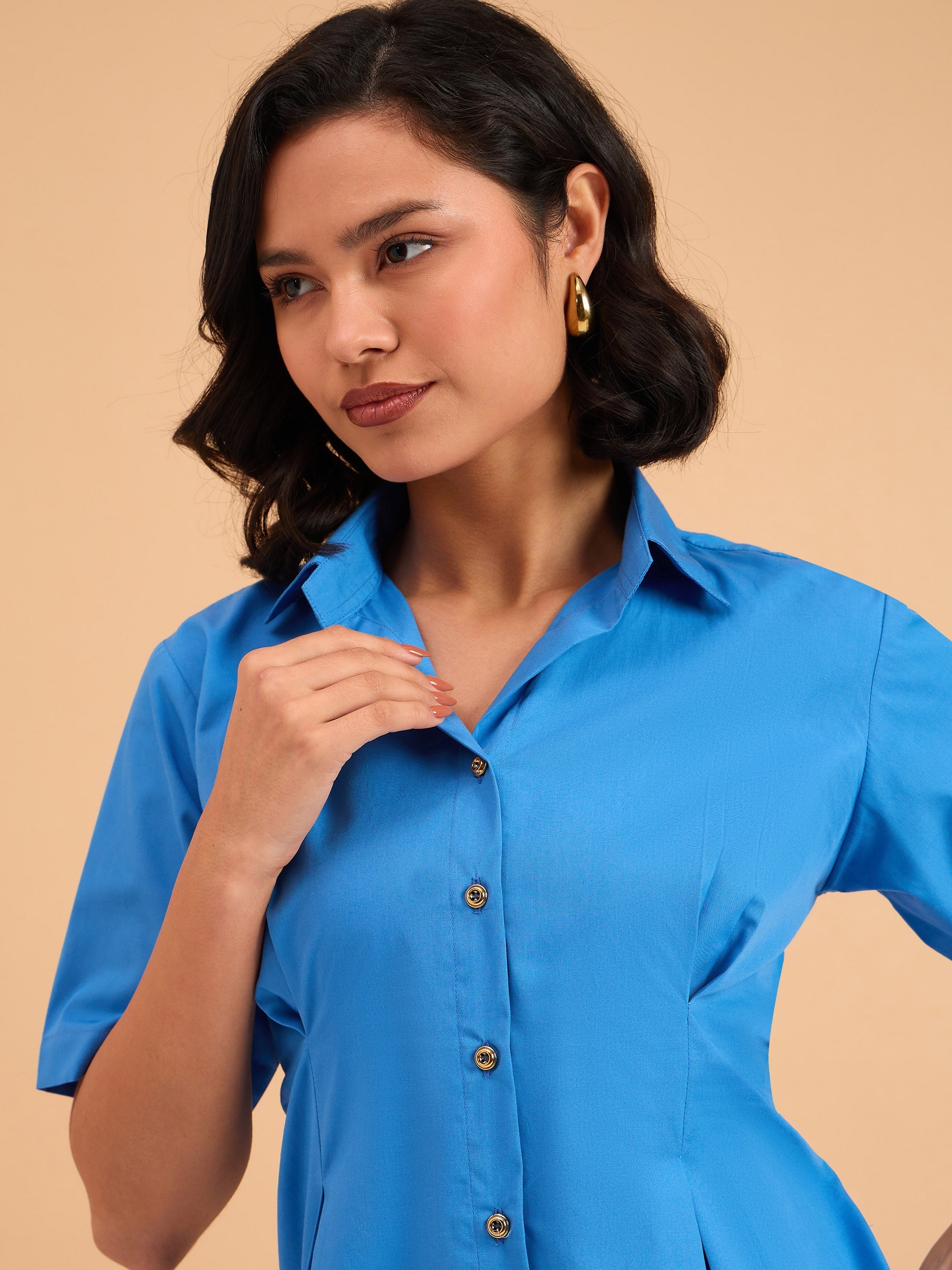 Women Royal Smocked Pure Cotton Shirt Mini Dress-BADRSS12645
