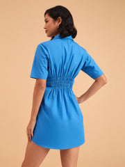 Women Royal Smocked Pure Cotton Shirt Mini Dress-BADRSS12645