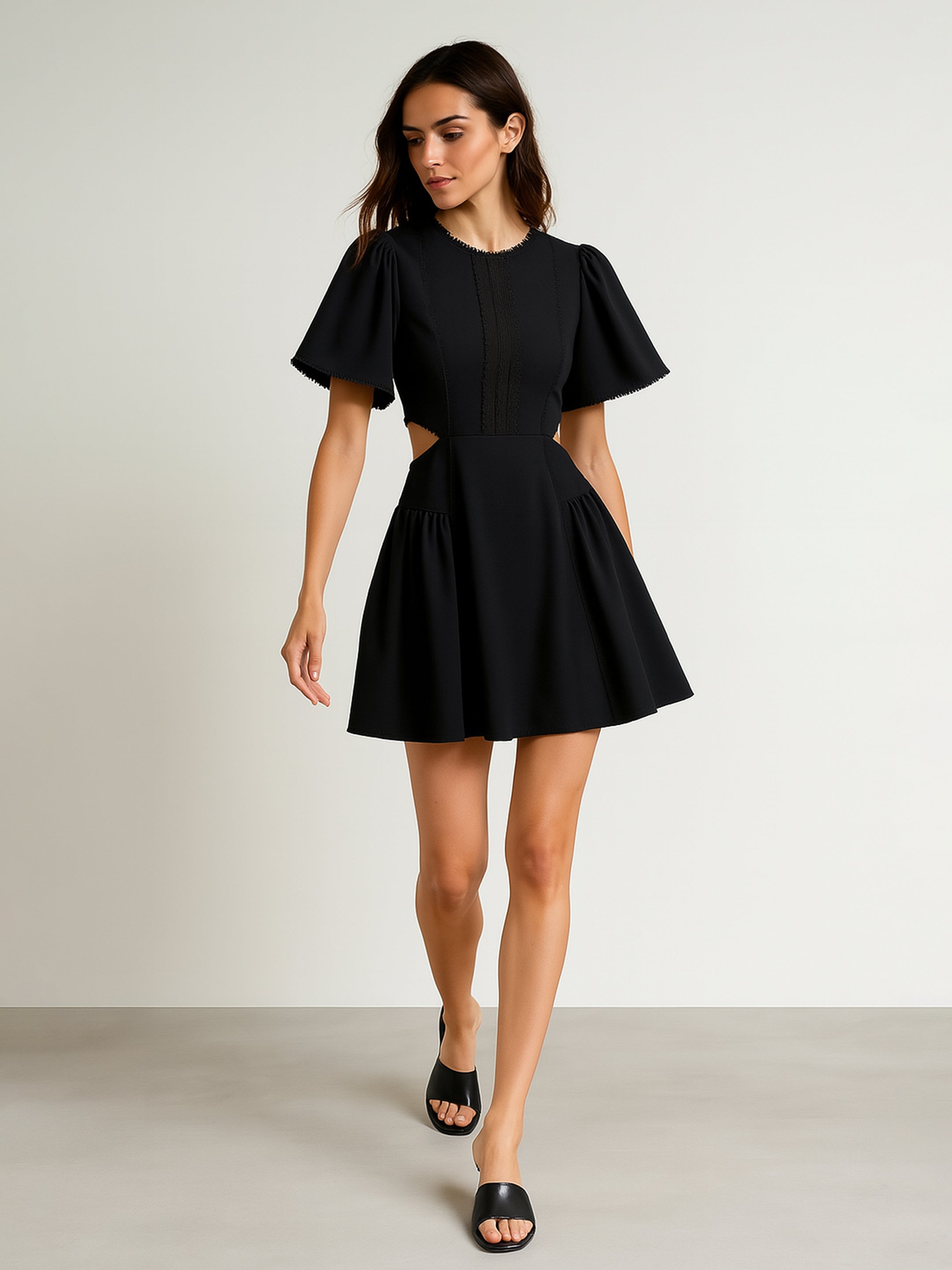 Women Black Side Cut Out Short Dress-BADRSS12794