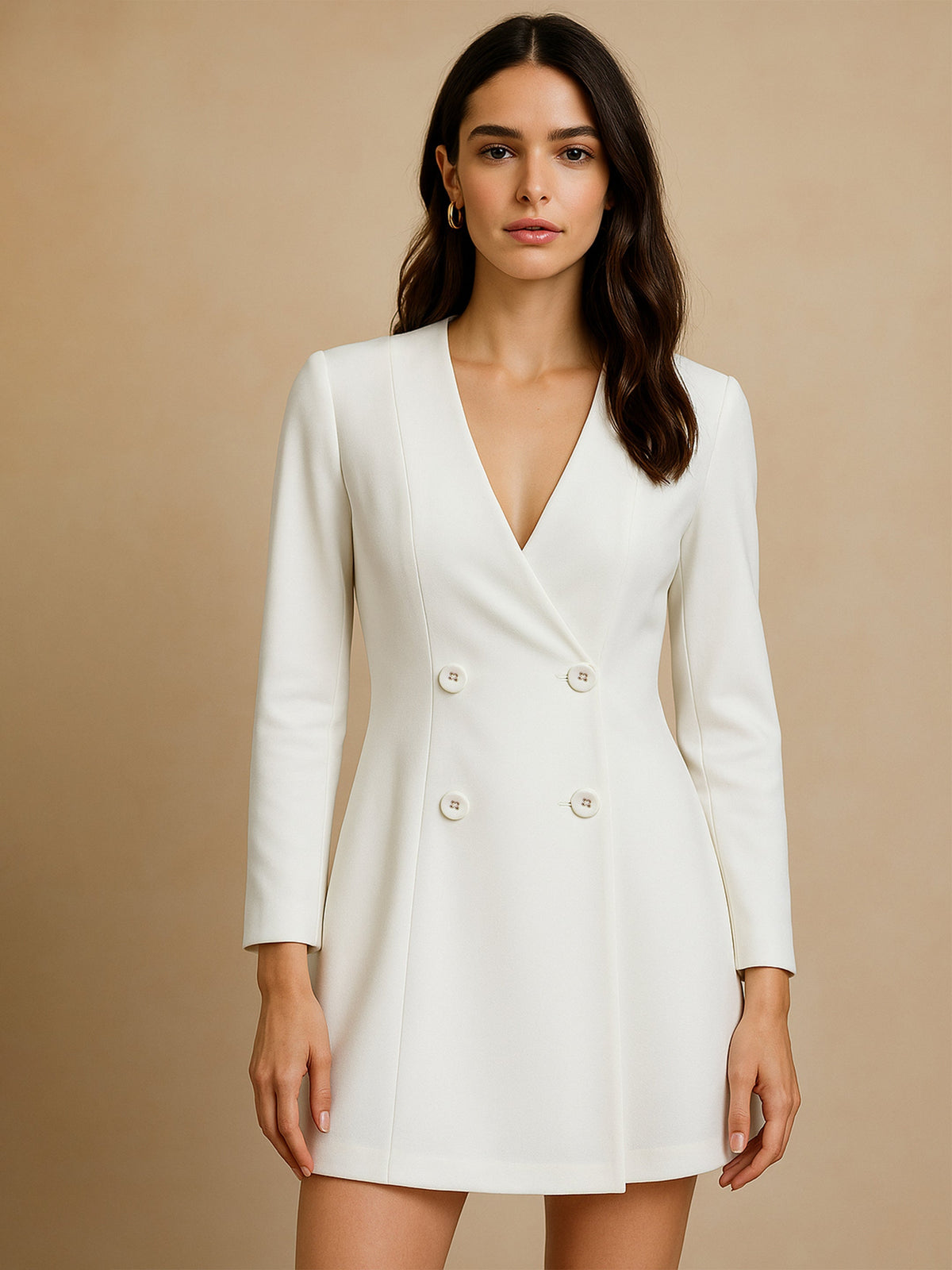 Women White Double Breasted Short Dress-BADRSS12799