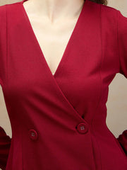 Women Maroon Double Breasted Short Dress-BADRSS12800