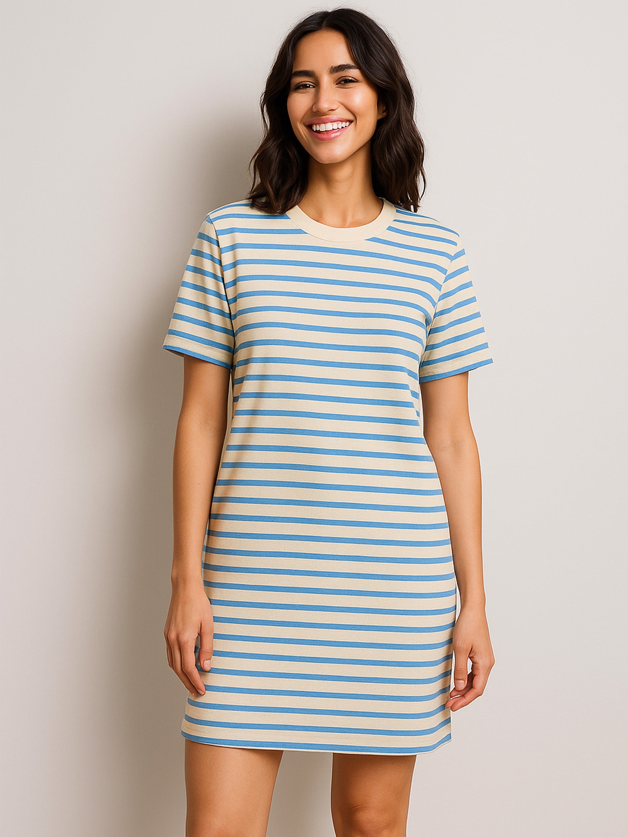 Women Blue & Beige Stripe Short T-shirt Dress-BADRSS12803