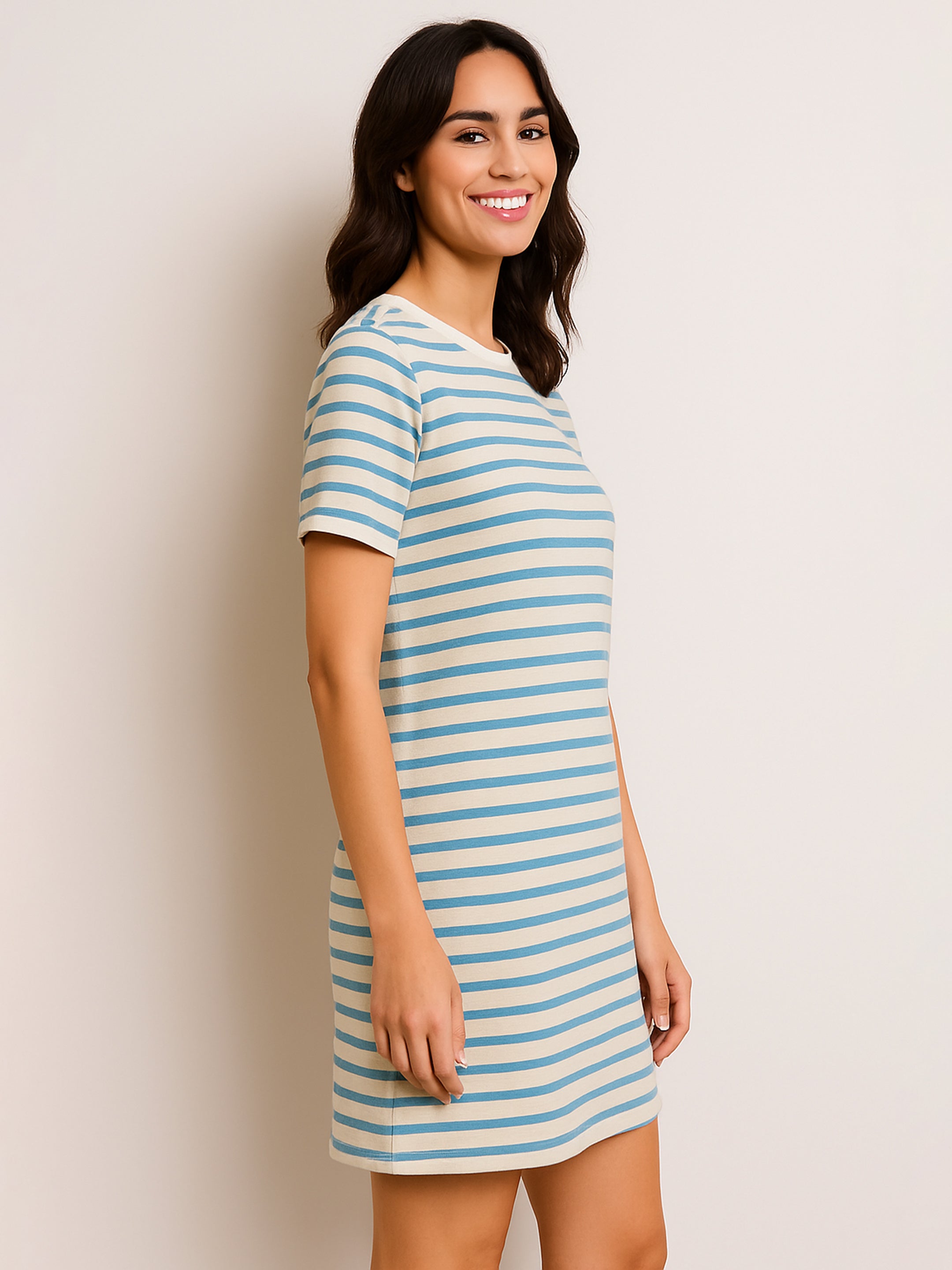 Women Blue & Beige Stripe Short T-shirt Dress-BADRSS12803