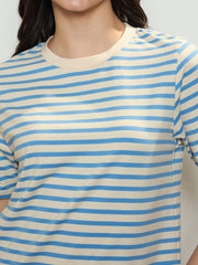 Women Blue & Beige Stripe Short T-shirt Dress-BADRSS12803