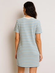 Women Blue & Beige Stripe Short T-shirt Dress-BADRSS12803