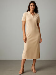 Women Beige Polo Collar Neck T-Shirt Dress-BADRSS12810