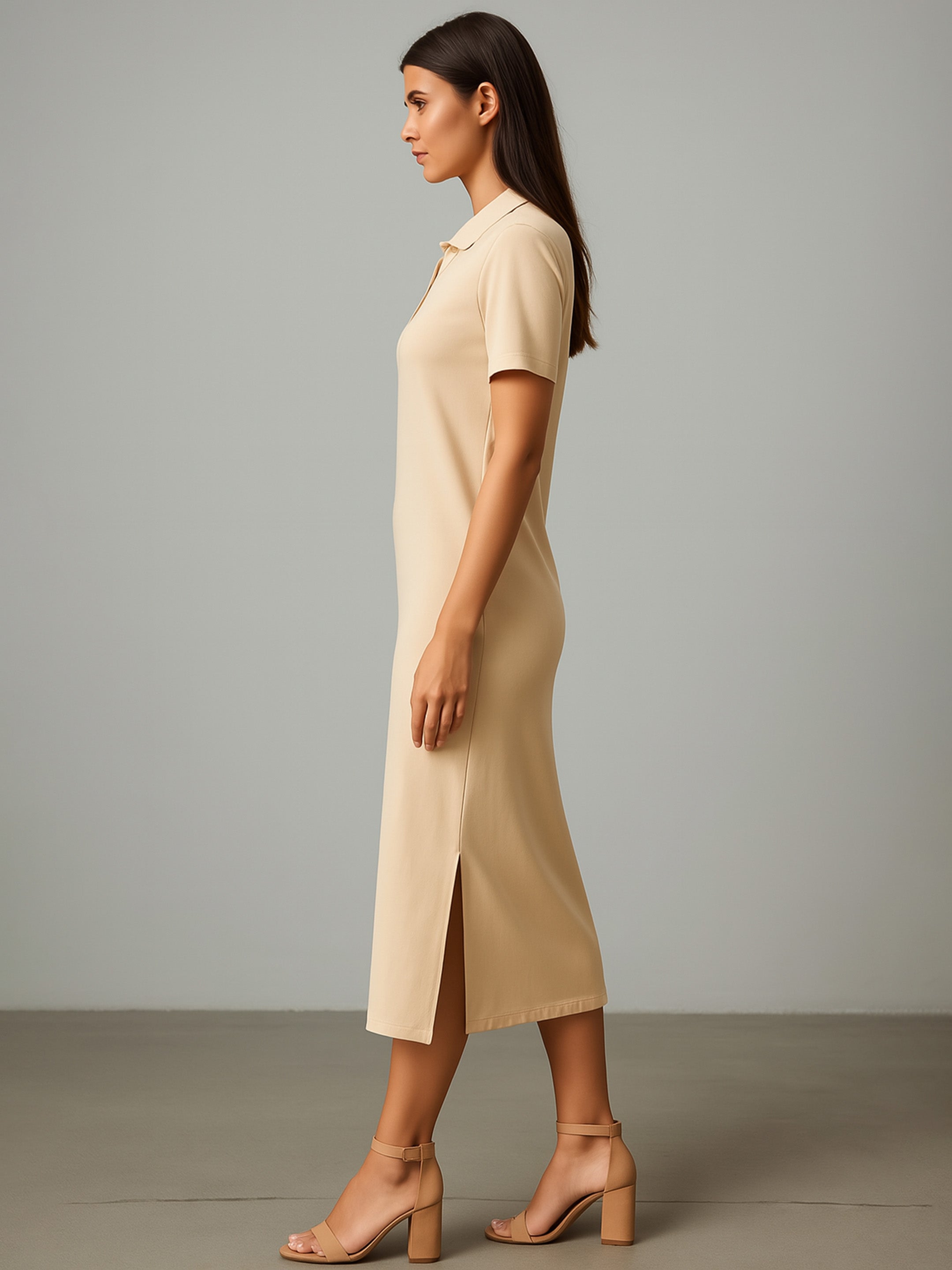 Women Beige Polo Collar Neck T-Shirt Dress-BADRSS12810
