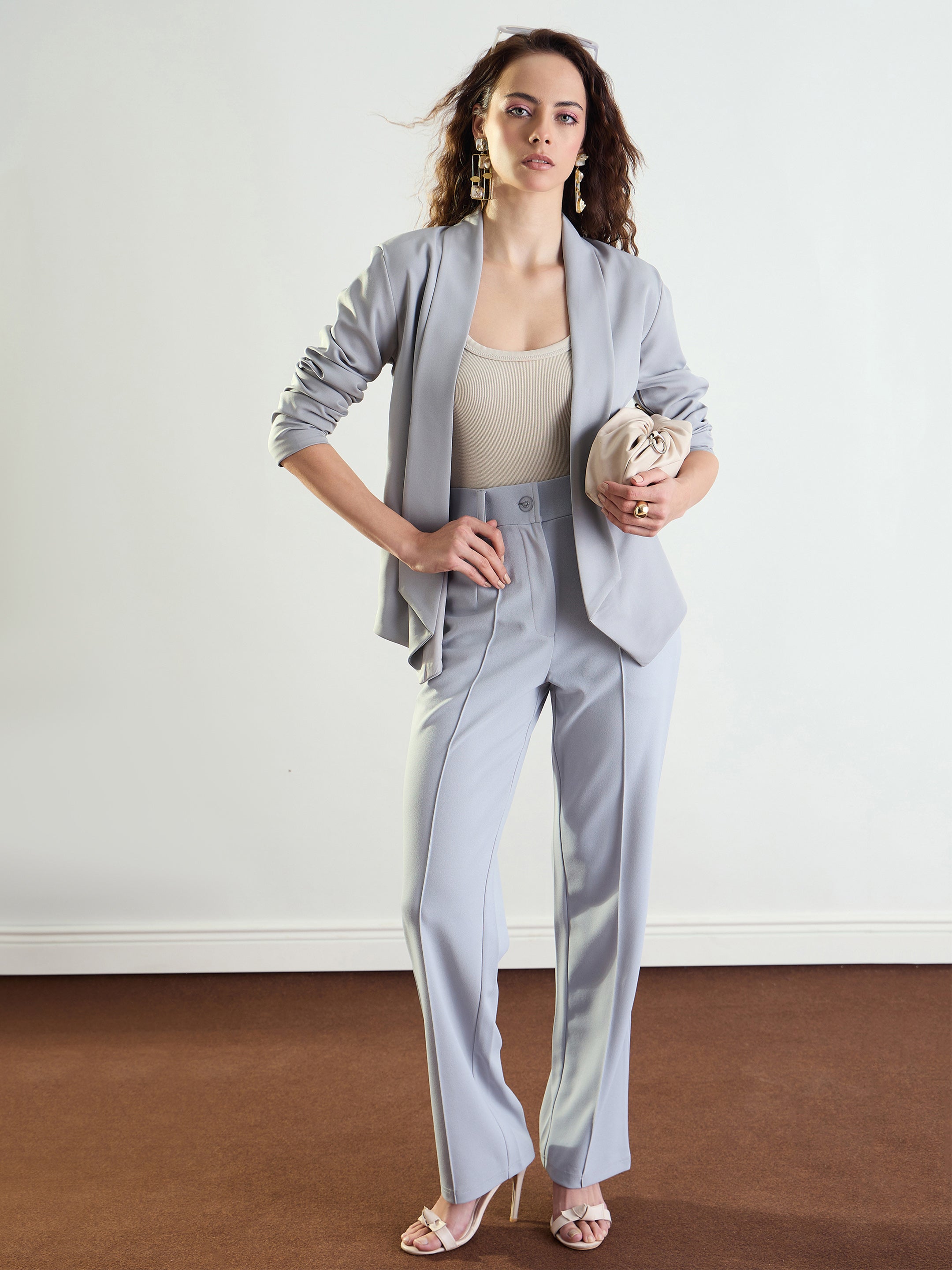 Women Grey Lapel Collar Front Open Blazer-BAJCKT60328