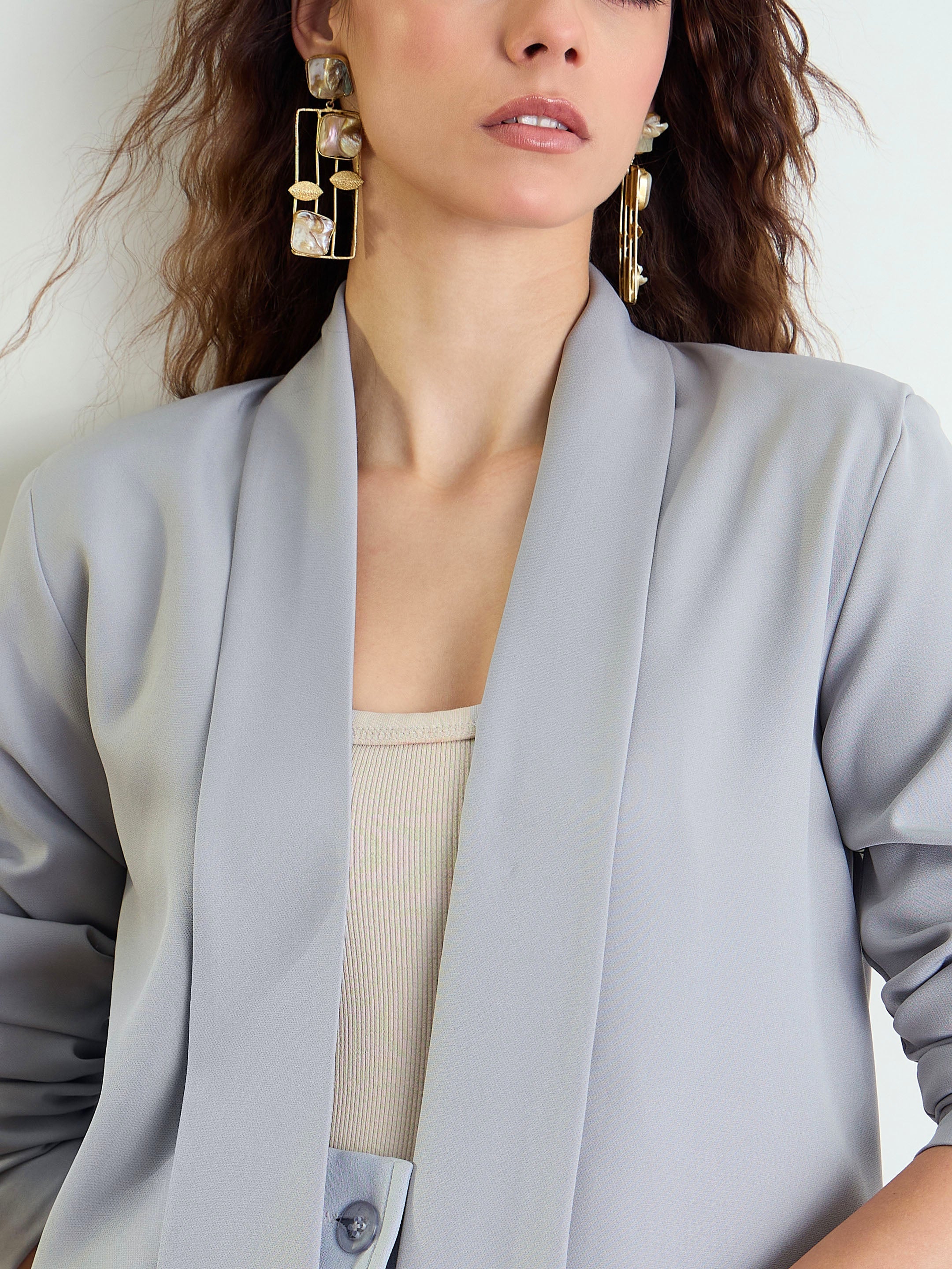 Women Grey Lapel Collar Front Open Blazer-BAJCKT60328