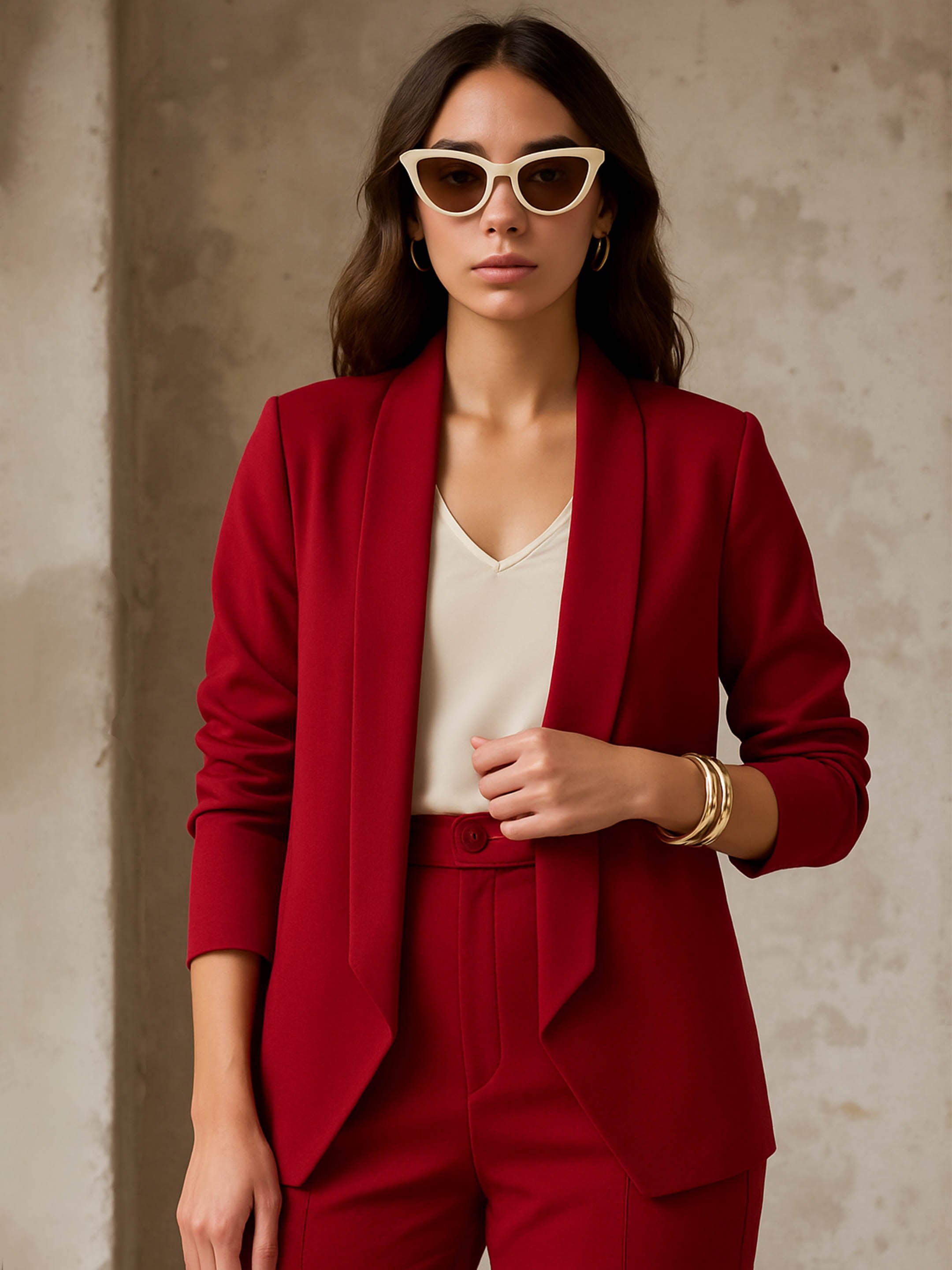 Women Maroon Lapel Collar Front Open Blazer-BAJCKT60329