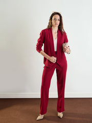Women Maroon Lapel Collar Front Open Blazer-BAJCKT60329