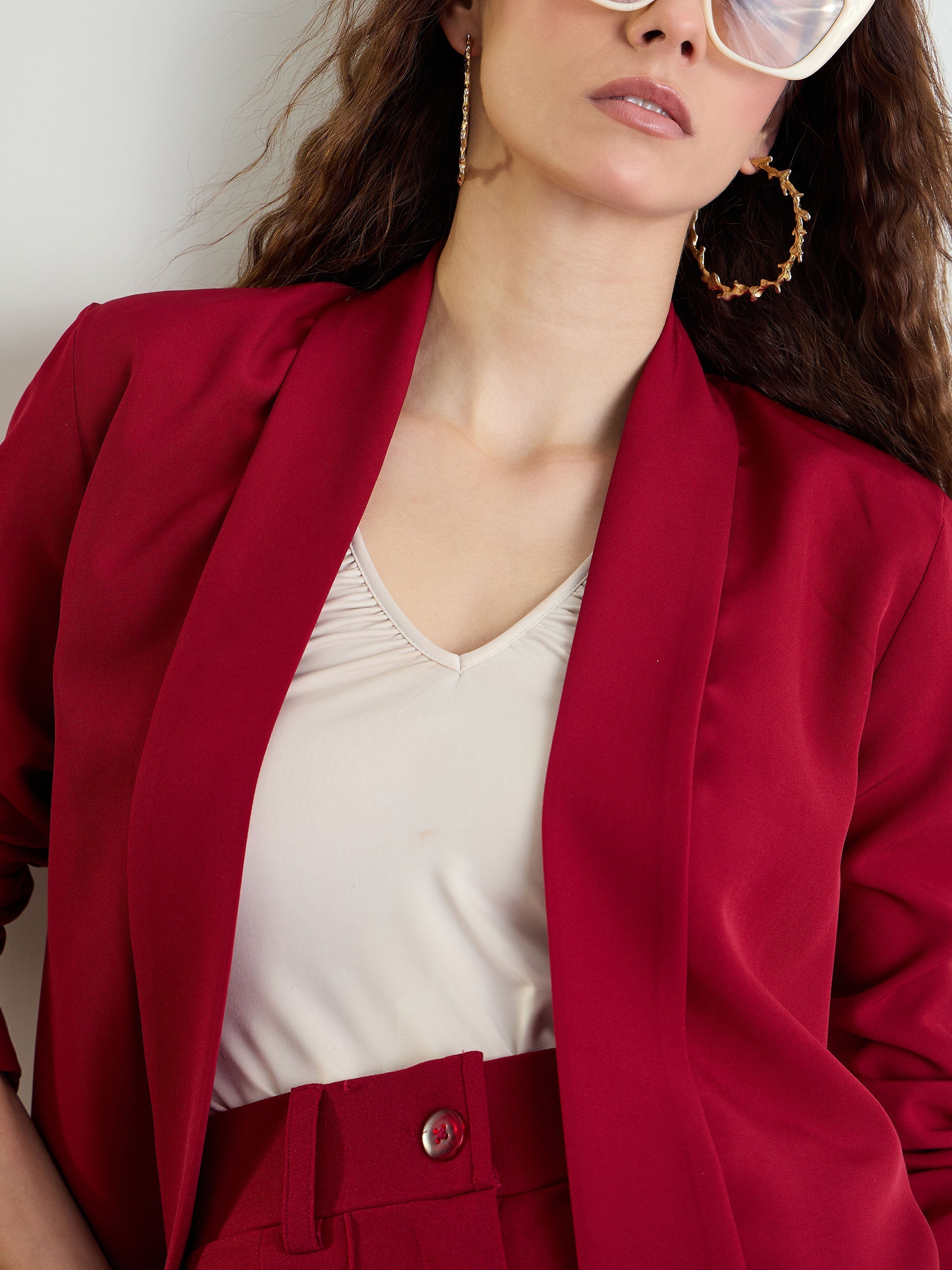 Women Maroon Lapel Collar Front Open Blazer-BAJCKT60329