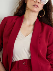 Women Maroon Lapel Collar Front Open Blazer-BAJCKT60329