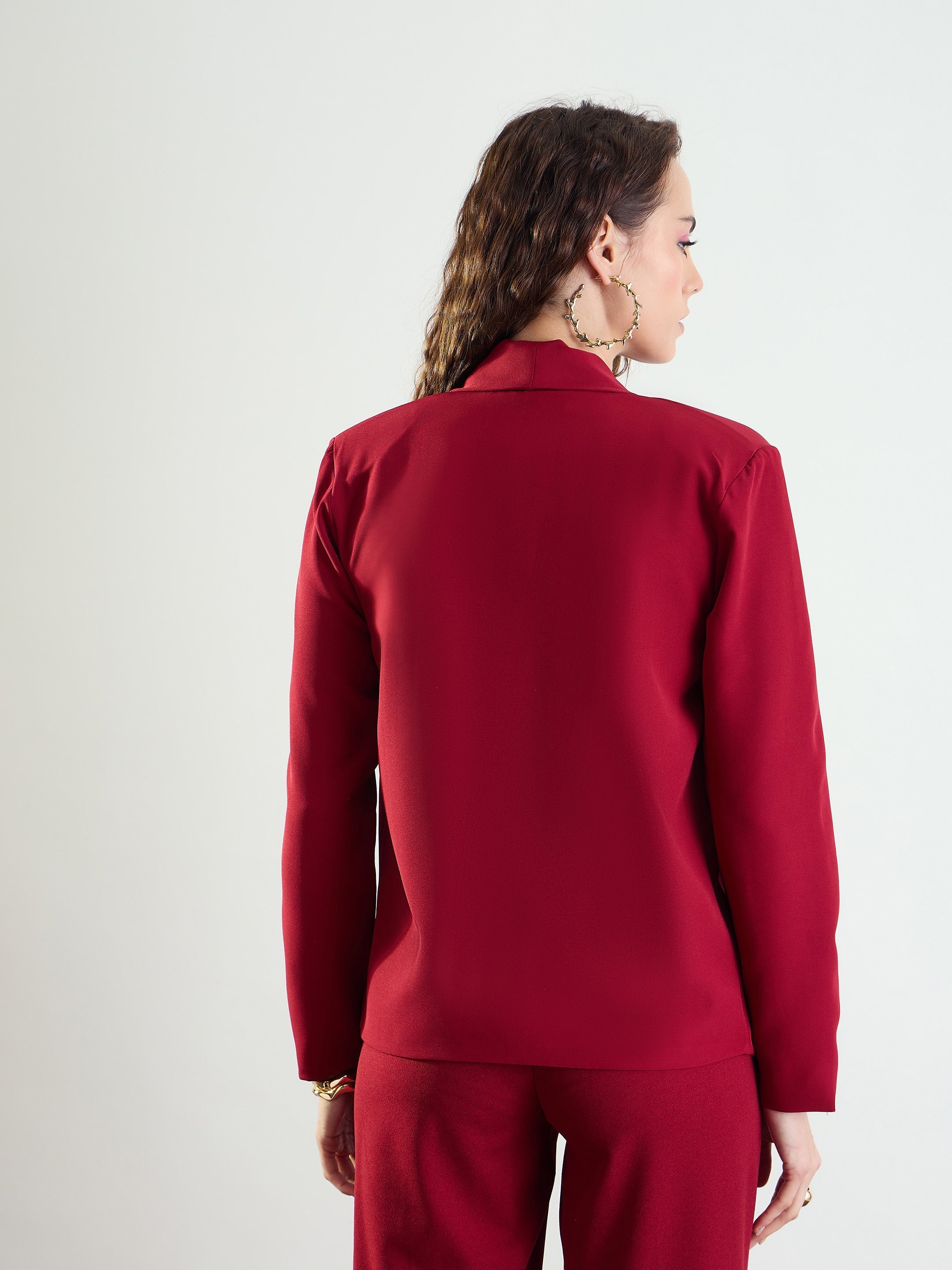 Women Maroon Lapel Collar Front Open Blazer-BAJCKT60329