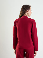 Women Maroon Lapel Collar Front Open Blazer-BAJCKT60329
