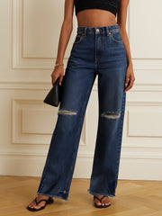 Women Navy Blue Distressed Slashed Knee Frayed Jeans-BAJEAN0663-Navy