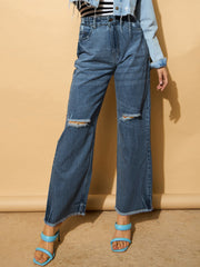 Women Navy Blue Distressed Slashed Knee Frayed Jeans-BAJEAN0663-Navy