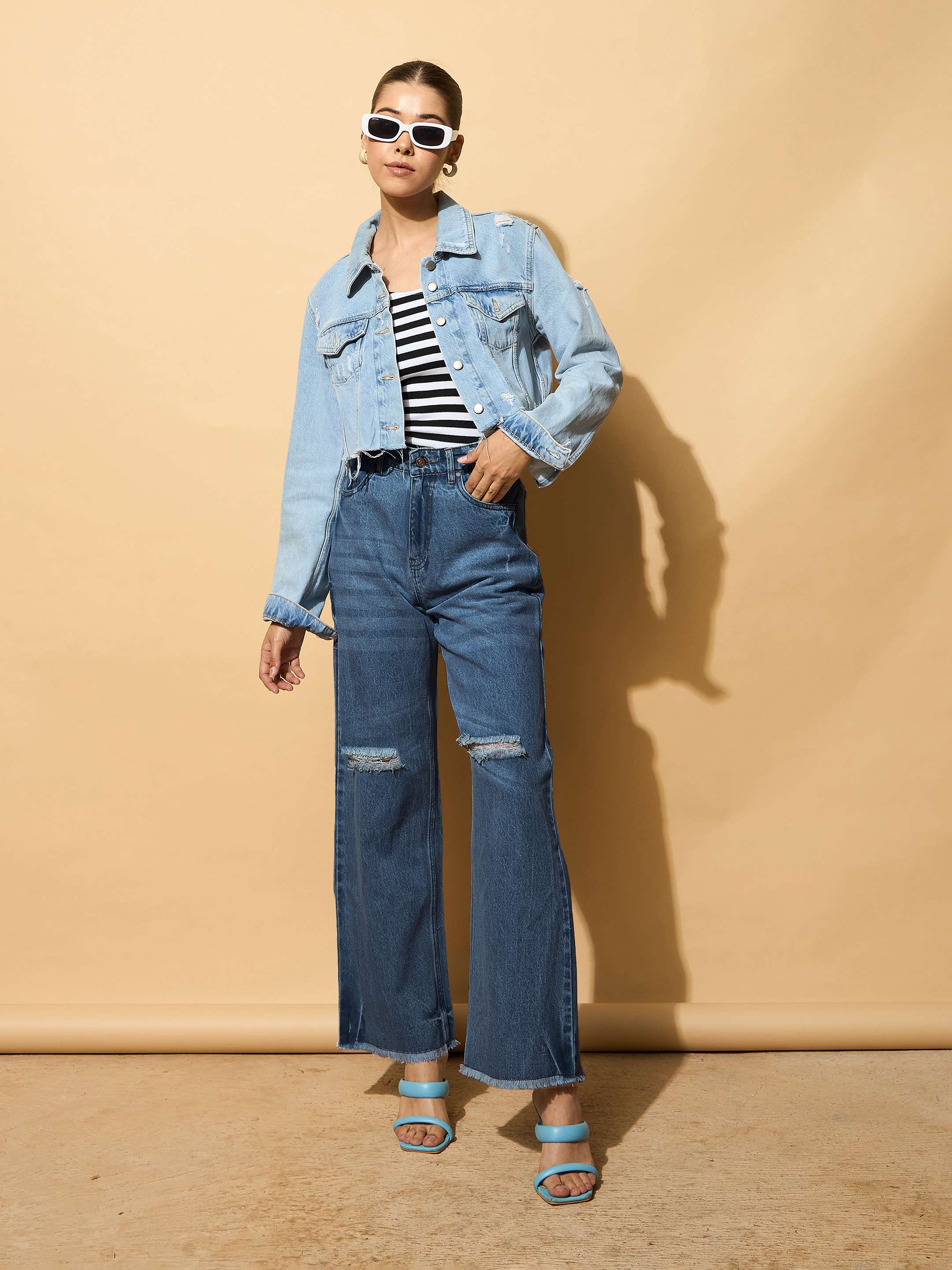 Women Navy Blue Distressed Slashed Knee Frayed Jeans-BAJEAN0663-Navy