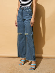 Women Navy Blue Distressed Slashed Knee Frayed Jeans-BAJEAN0663-Navy
