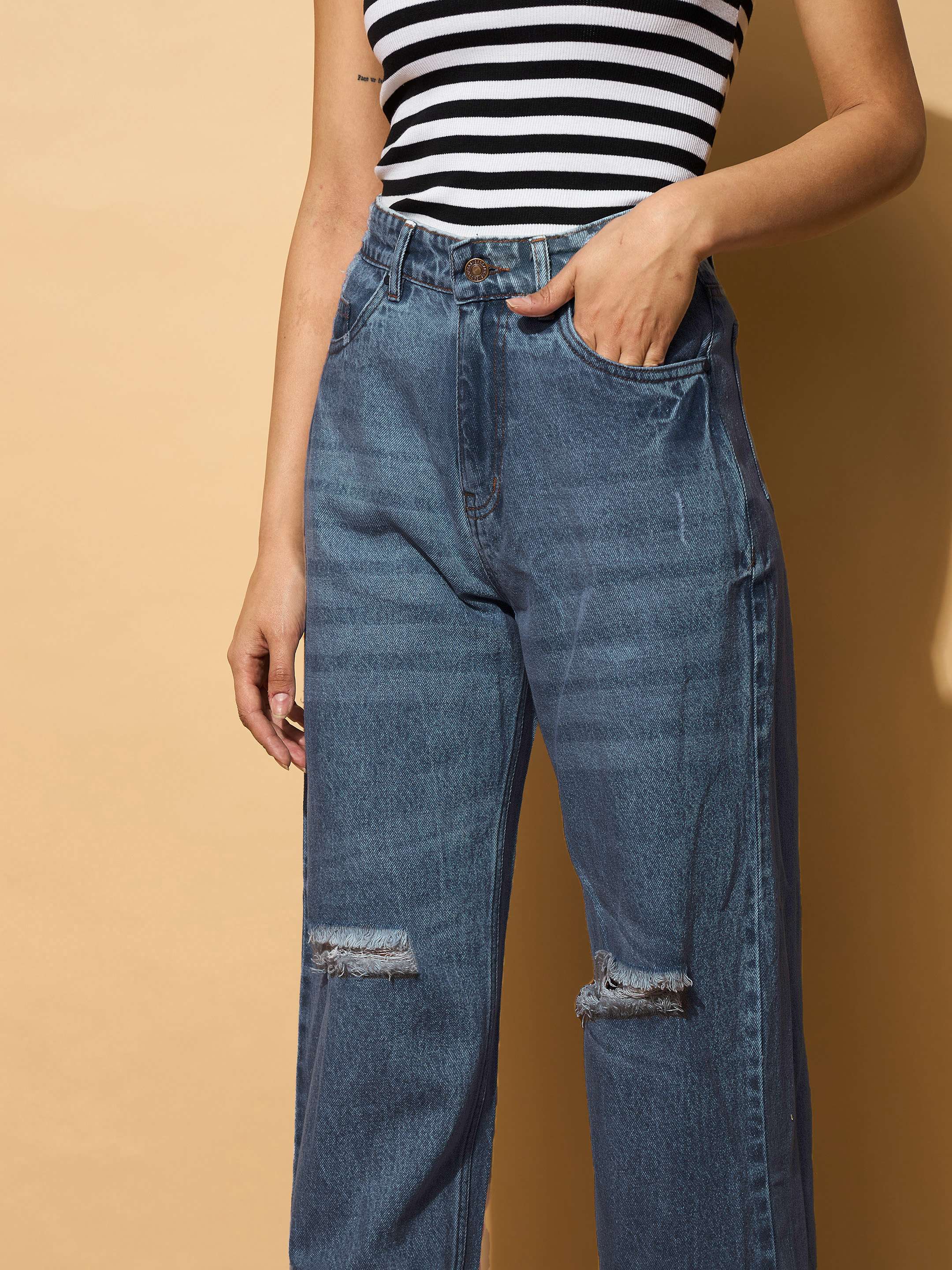 Women Navy Blue Distressed Slashed Knee Frayed Jeans-BAJEAN0663-Navy
