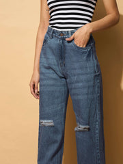 Women Navy Blue Distressed Slashed Knee Frayed Jeans-BAJEAN0663-Navy