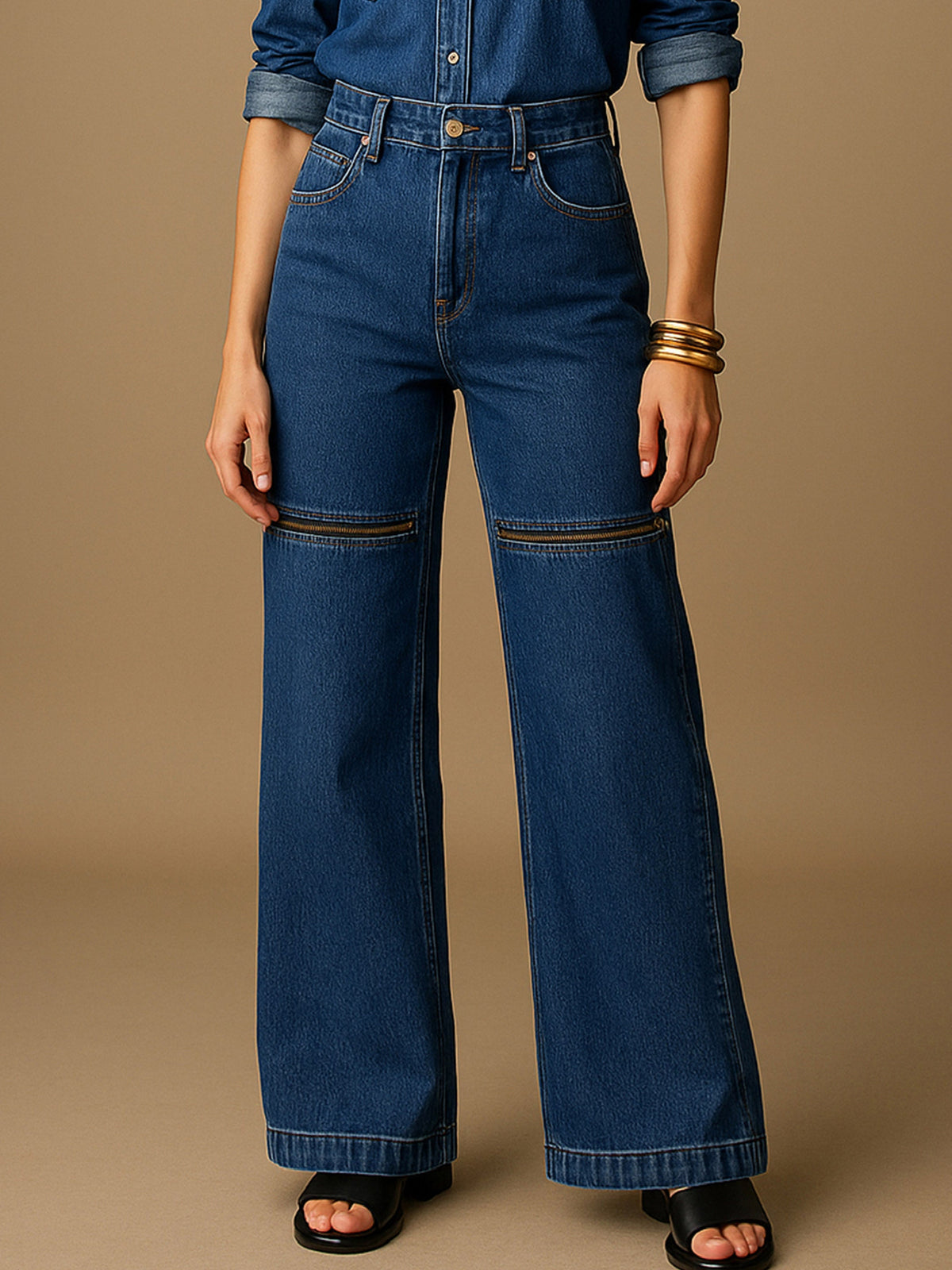 Women Blue Zipper Design Baggy Jeans-BAJEAN0665