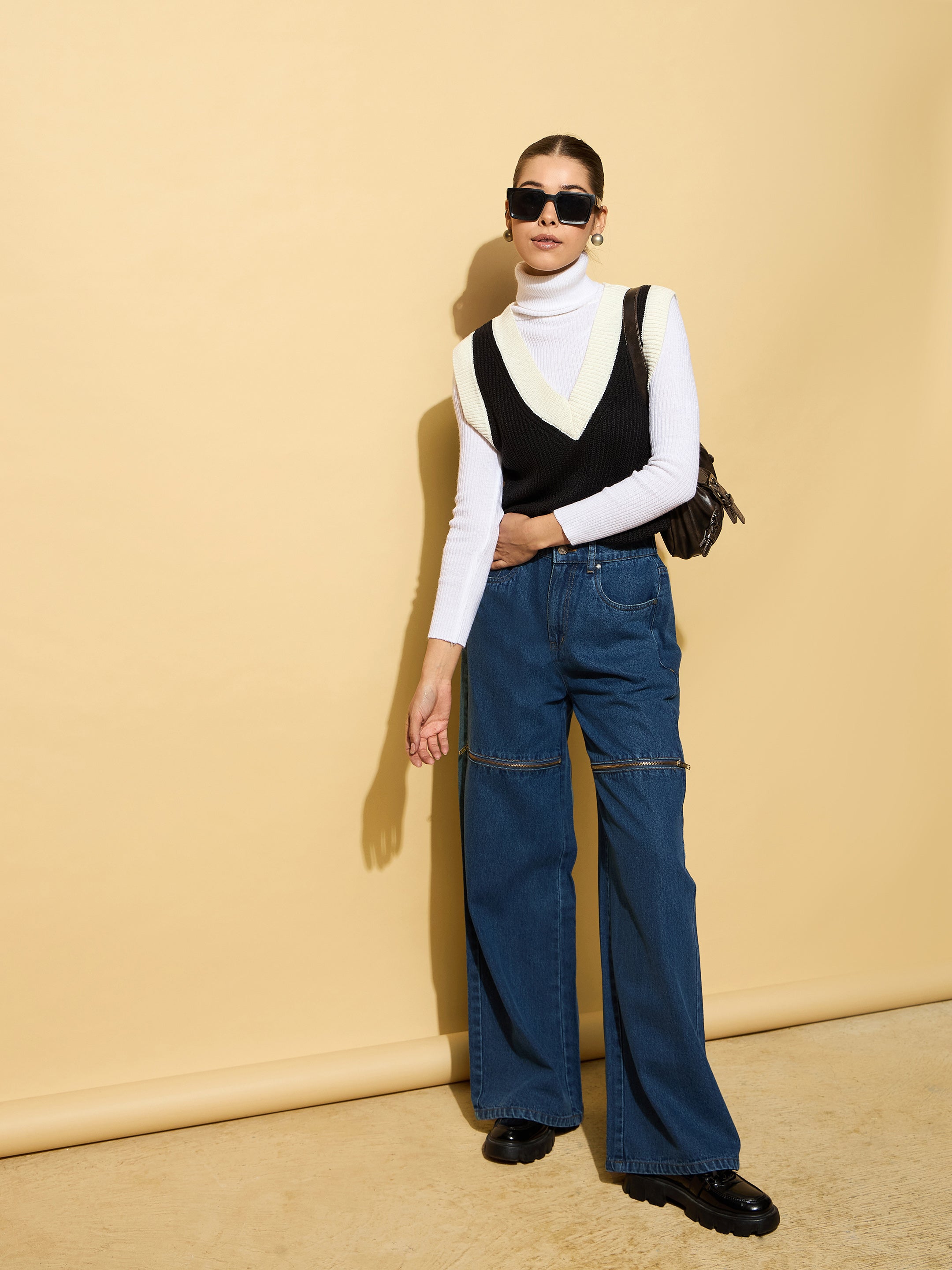Women Blue Zipper Design Baggy Jeans-BAJEAN0665