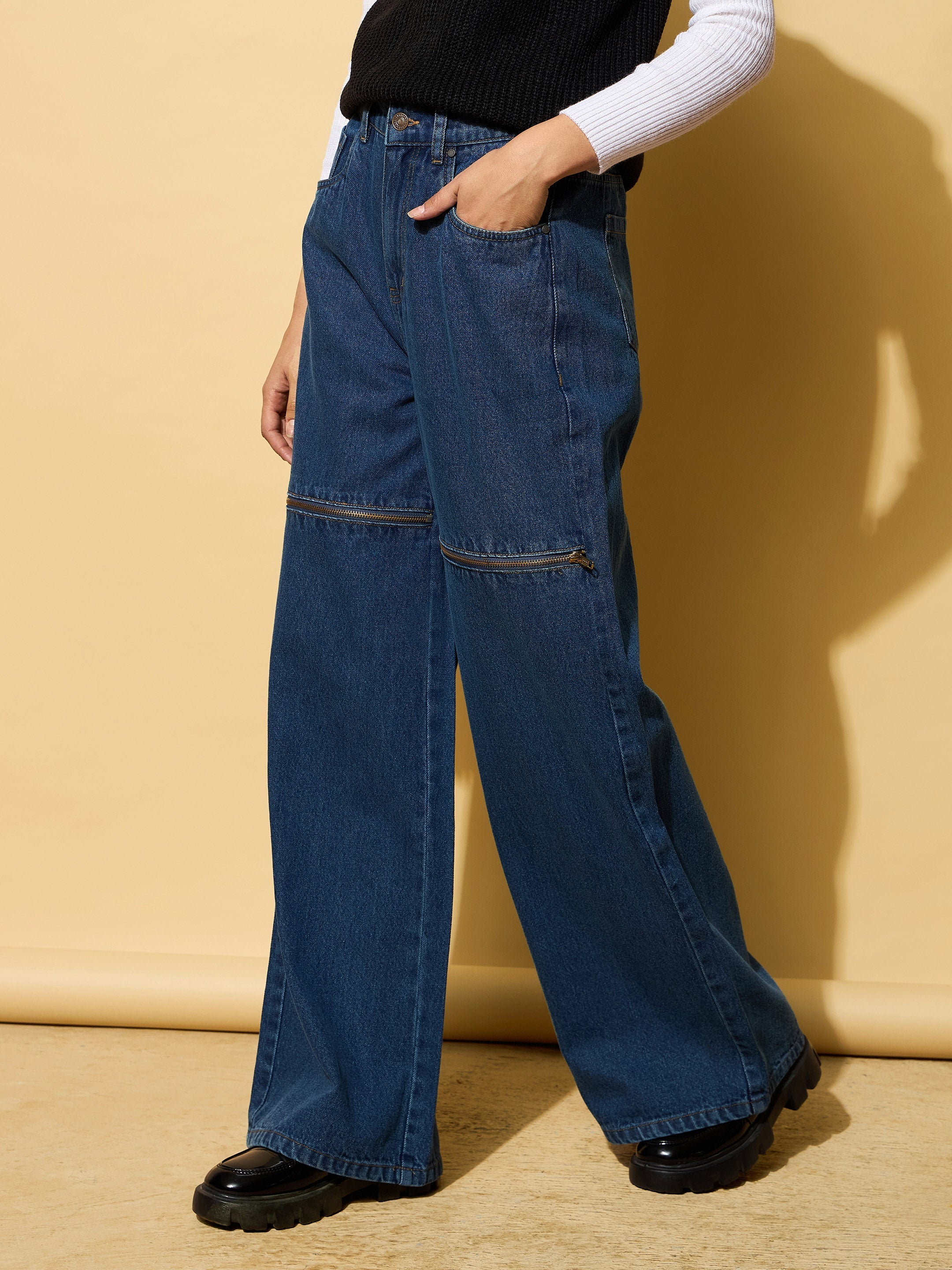 Women Blue Zipper Design Baggy Jeans-BAJEAN0665