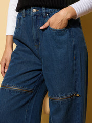 Women Blue Zipper Design Baggy Jeans-BAJEAN0665