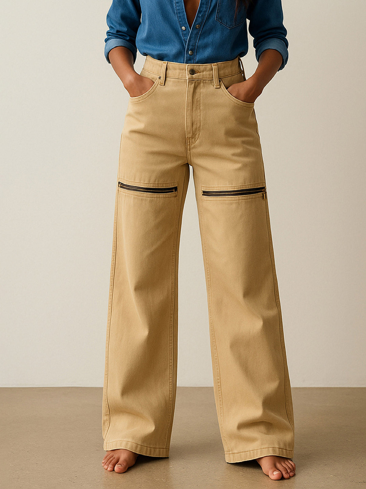 Women Beige Zipper Design Baggy Jeans-BAJEAN0666