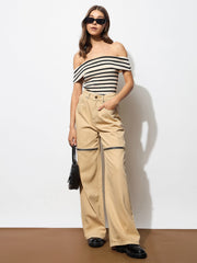 Women Beige Zipper Design Baggy Jeans-BAJEAN0666