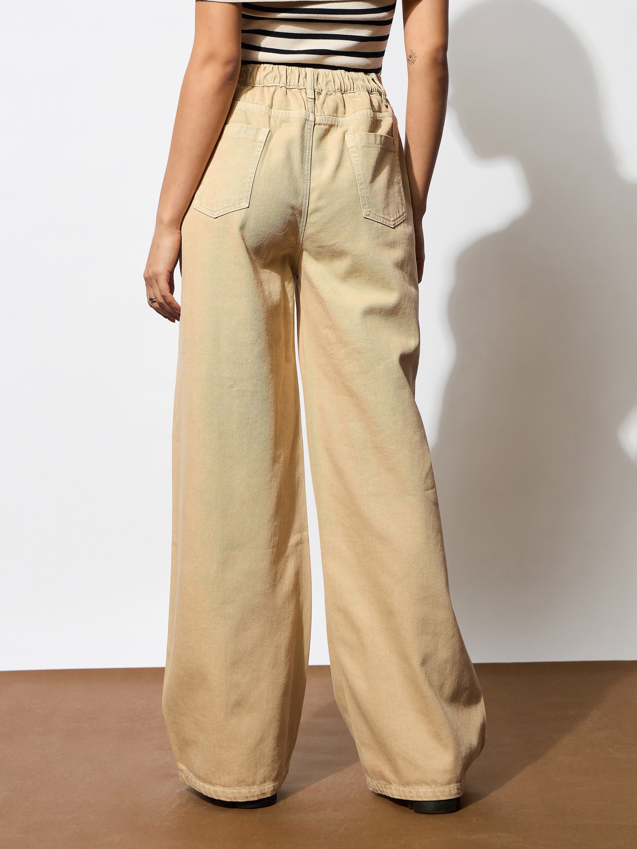 Women Beige Zipper Design Baggy Jeans-BAJEAN0666