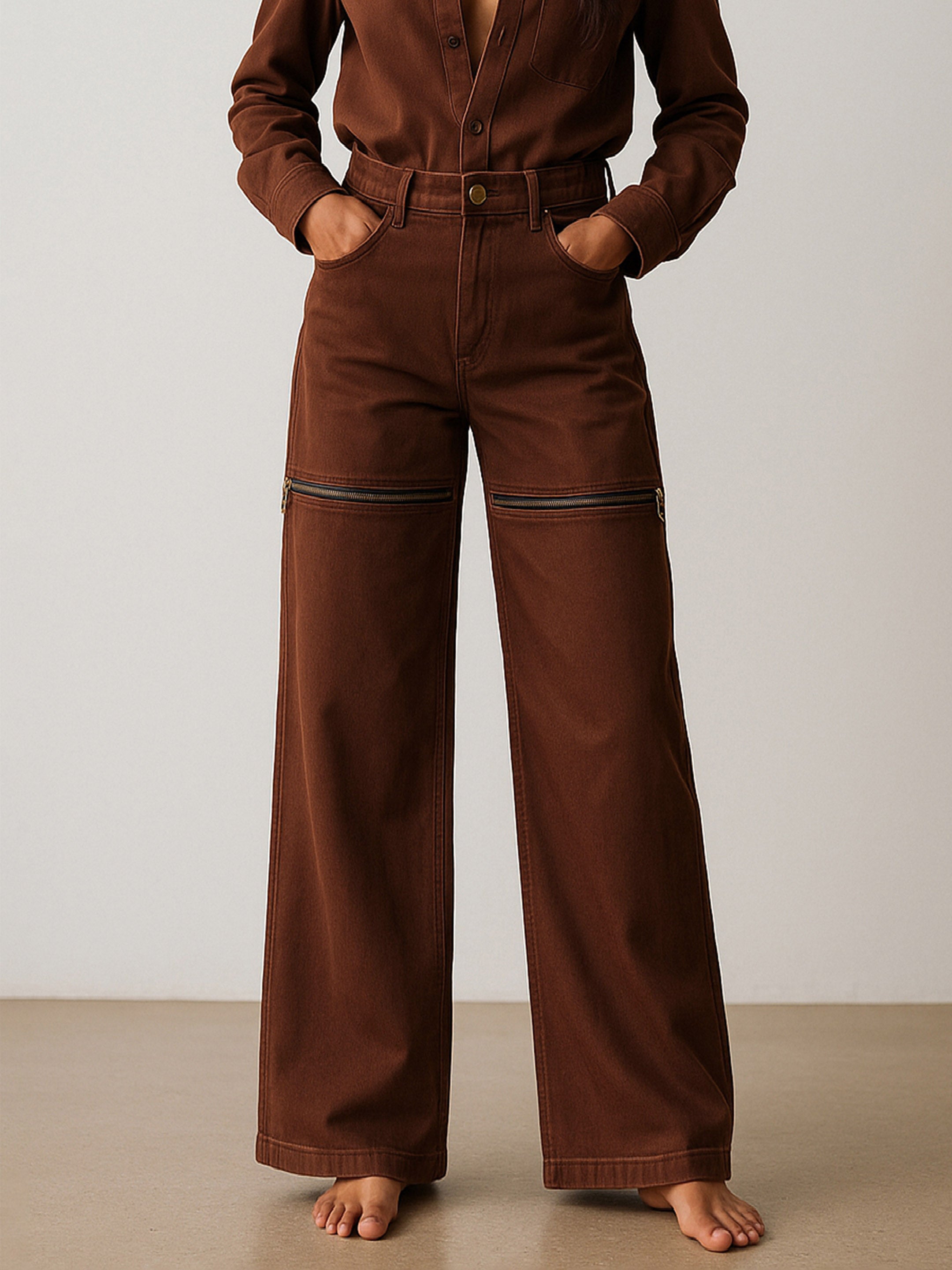 Women Brown Zipper Design Baggy Jeans-BAJEAN0667