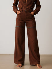 Women Brown Zipper Design Baggy Jeans-BAJEAN0667